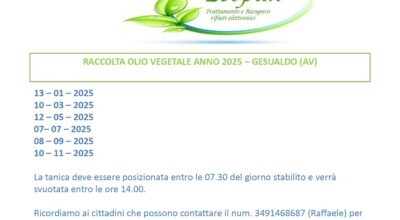 Calendario raccolta olio vegetale a domicilio ANNO 2025