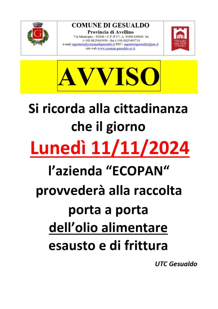 Comune di Gesualdo – Avviso raccolta porta a porta dell’olio alimentare esausto – 11 novembre 2024