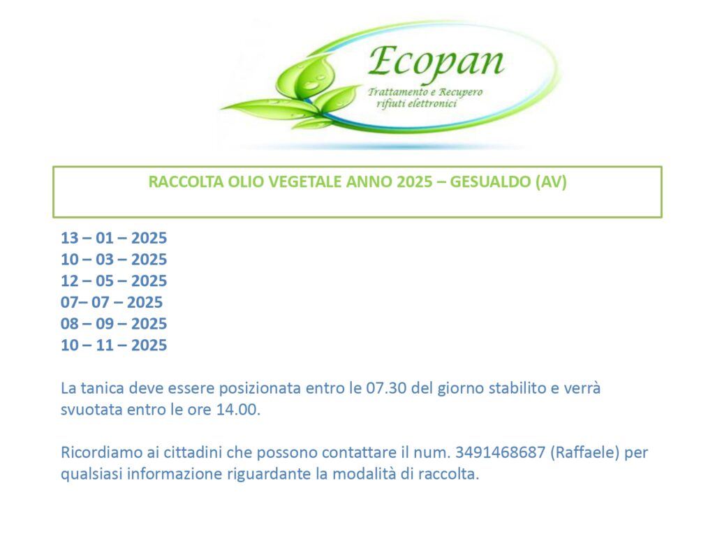 Calendario raccolta olio vegetale a domicilio ANNO 2025